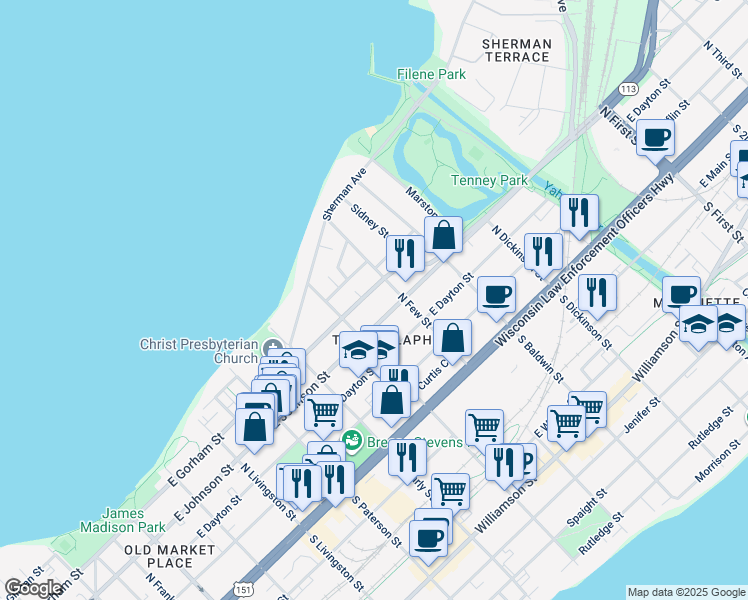 map of restaurants, bars, coffee shops, grocery stores, and more near in Madison