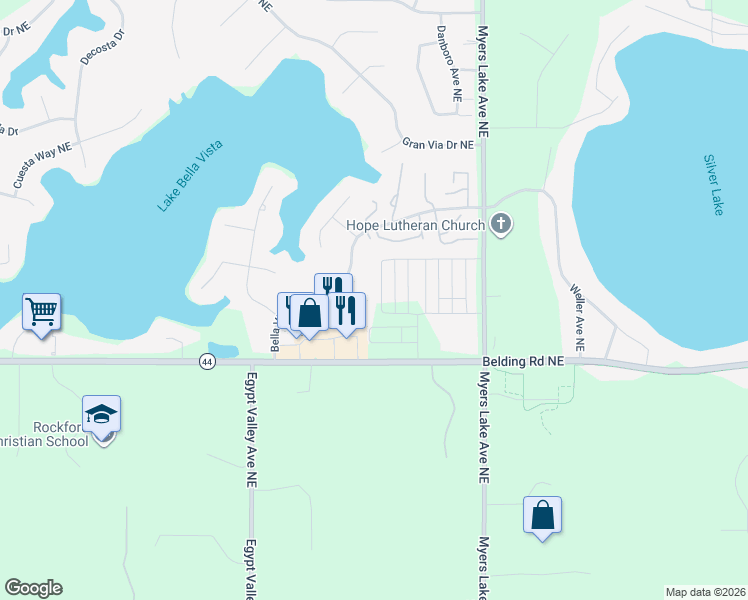 map of restaurants, bars, coffee shops, grocery stores, and more near 6581 Belding Road Northeast in Rockford
