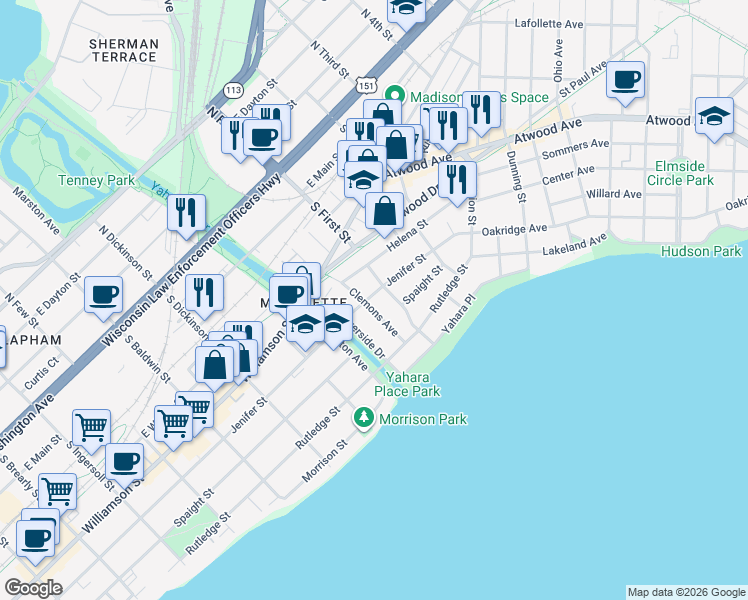 map of restaurants, bars, coffee shops, grocery stores, and more near 526 Clemons Avenue in Madison