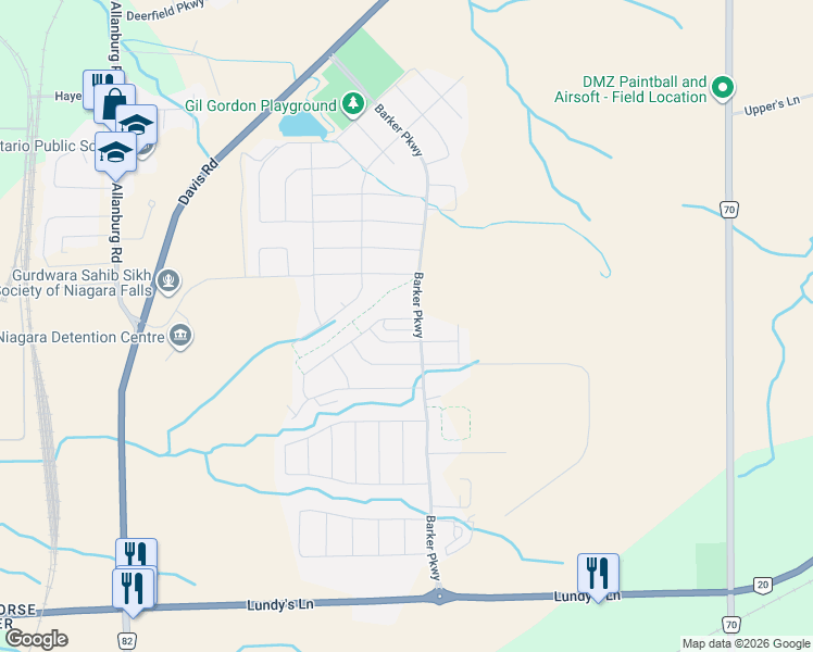 map of restaurants, bars, coffee shops, grocery stores, and more near 12 Velvet Way in Thorold