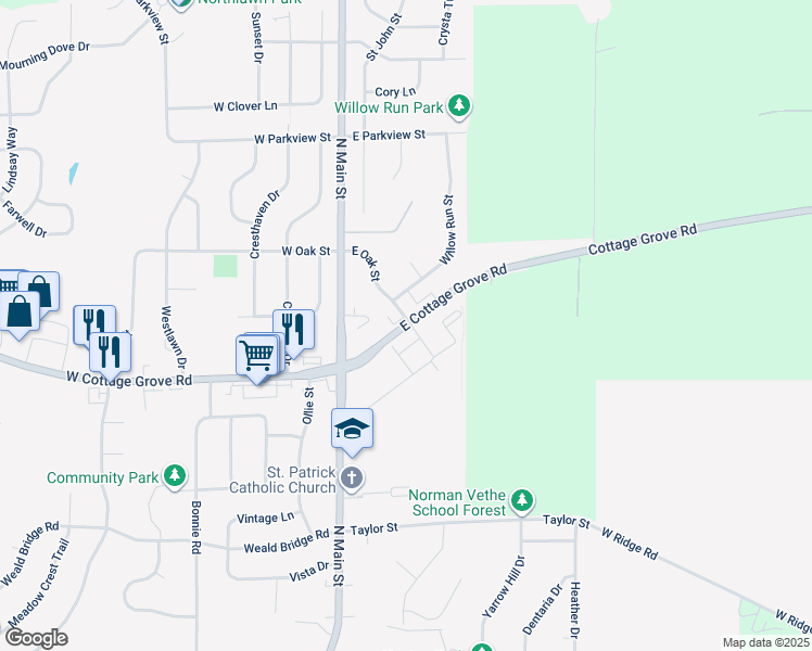 map of restaurants, bars, coffee shops, grocery stores, and more near 198 East Cottage Grove Road in Cottage Grove