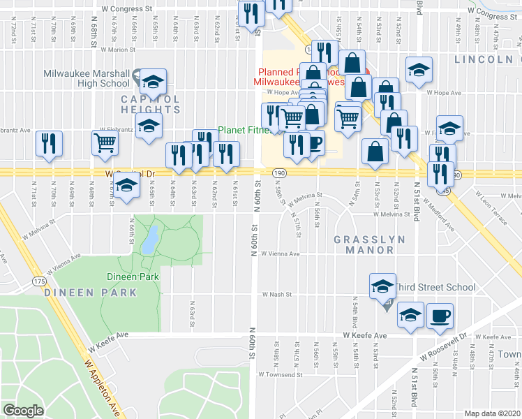 map of restaurants, bars, coffee shops, grocery stores, and more near 3902 North 60th Street in Milwaukee