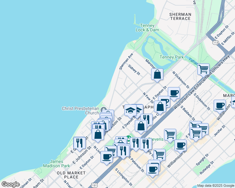 map of restaurants, bars, coffee shops, grocery stores, and more near 1109 Sherman Avenue in Madison