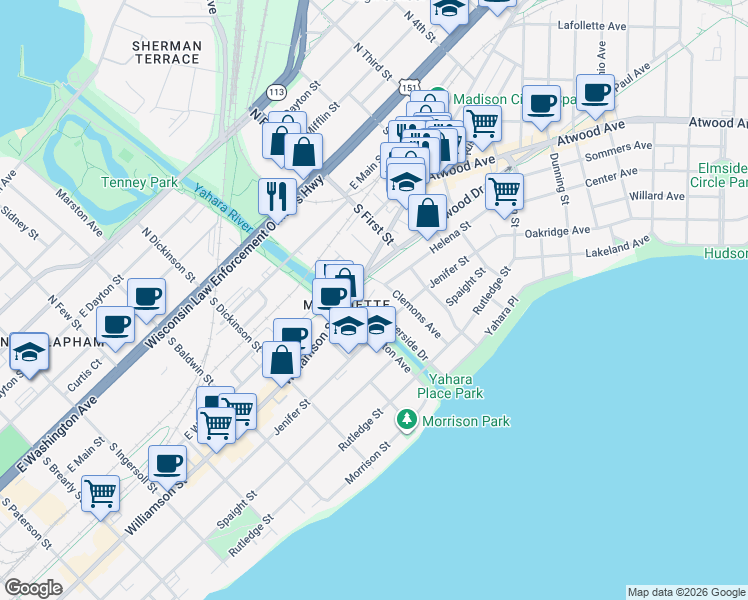 map of restaurants, bars, coffee shops, grocery stores, and more near 1706 Helena Street in Madison