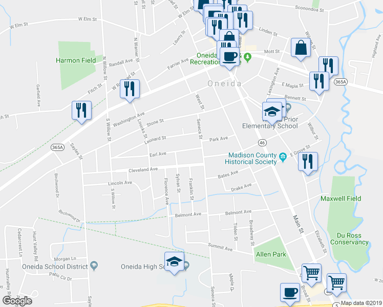 map of restaurants, bars, coffee shops, grocery stores, and more near 317 Earl Avenue in Oneida