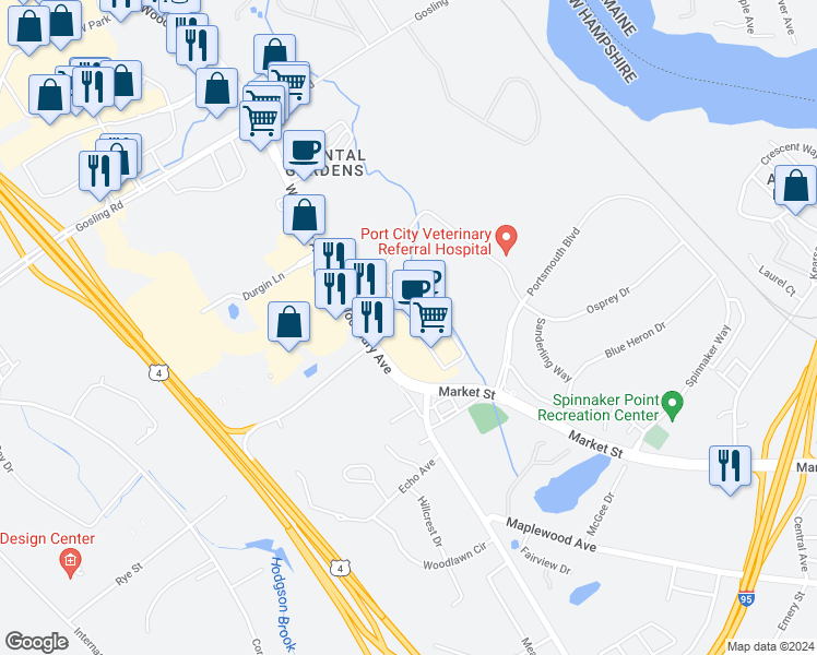 map of restaurants, bars, coffee shops, grocery stores, and more near 1465 Woodbury Avenue in Portsmouth