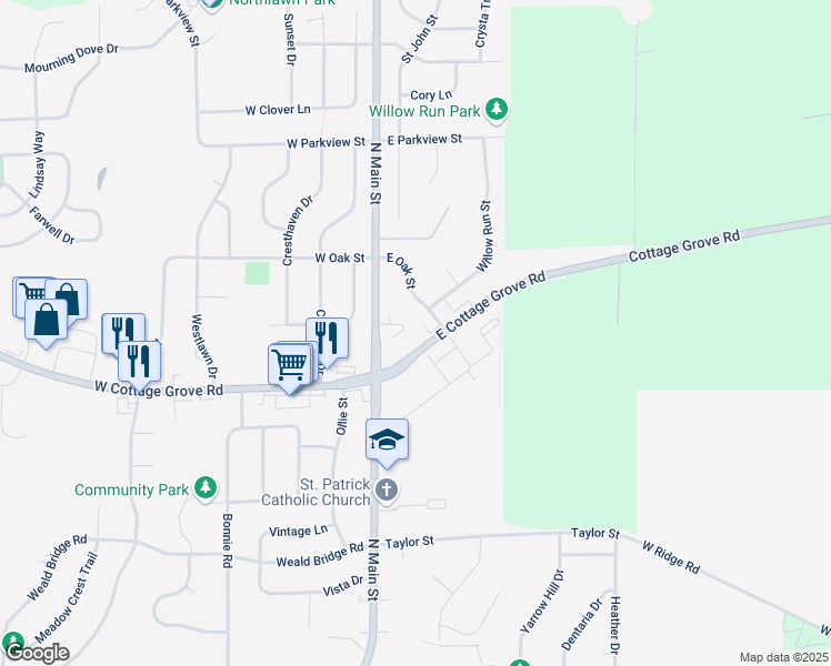 map of restaurants, bars, coffee shops, grocery stores, and more near 123 East Cottage Grove Road in Cottage Grove