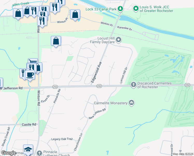 map of restaurants, bars, coffee shops, grocery stores, and more near 1648 Edgewood Avenue in Rochester