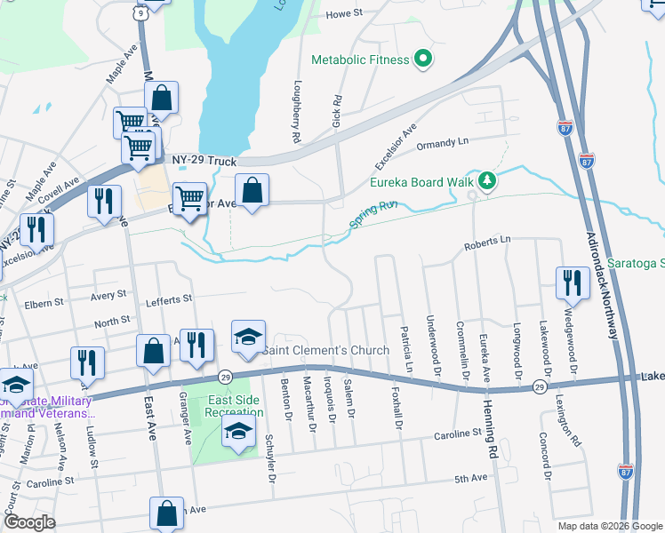 map of restaurants, bars, coffee shops, grocery stores, and more near 26 Excelsior Spring Avenue in Saratoga Springs