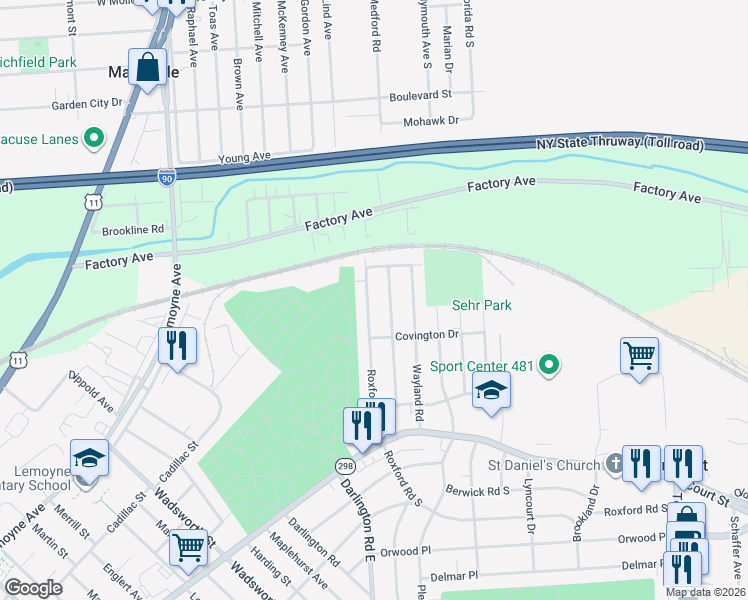 map of restaurants, bars, coffee shops, grocery stores, and more near 367 Roxford Road North in Syracuse