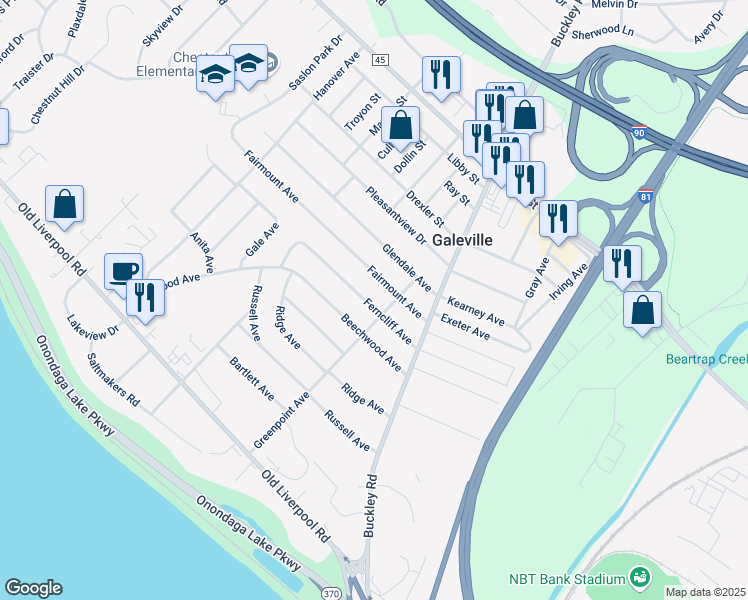 map of restaurants, bars, coffee shops, grocery stores, and more near 223 Fairmount Avenue in Liverpool