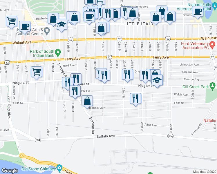 map of restaurants, bars, coffee shops, grocery stores, and more near 412 20th Street in Niagara Falls
