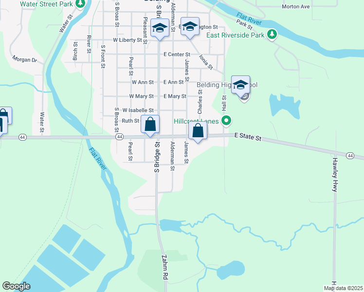 map of restaurants, bars, coffee shops, grocery stores, and more near 204 East State Street in Belding