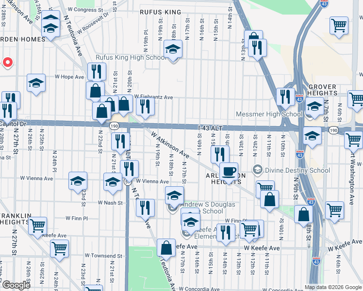 map of restaurants, bars, coffee shops, grocery stores, and more near 3952 North 18th Street in Milwaukee