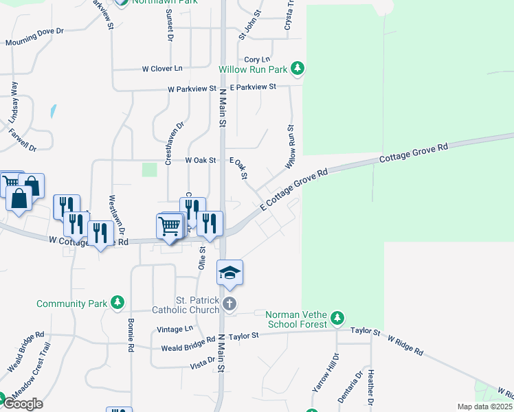 map of restaurants, bars, coffee shops, grocery stores, and more near 605 East Oak Street in Cottage Grove