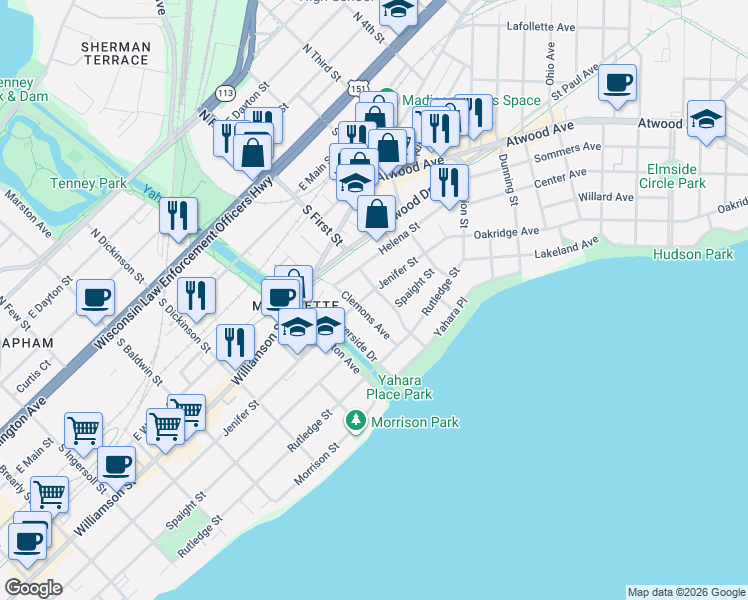 map of restaurants, bars, coffee shops, grocery stores, and more near 415 Walton Place in Madison
