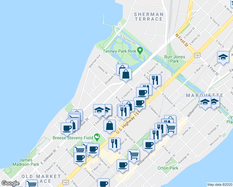 map of restaurants, bars, coffee shops, grocery stores, and more near 1225 East Gorham Street in Madison