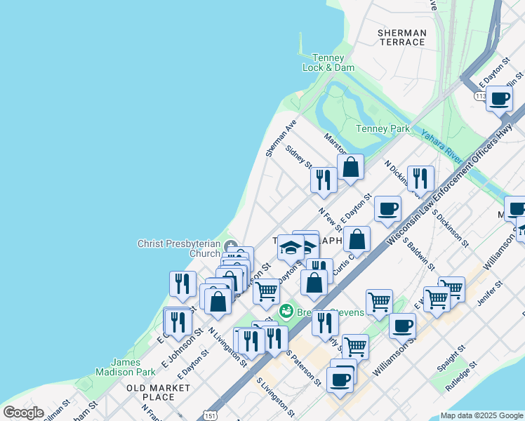 map of restaurants, bars, coffee shops, grocery stores, and more near 1109 Sherman Avenue in Madison