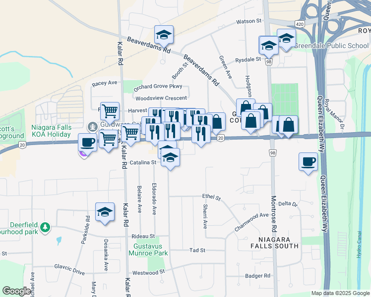 map of restaurants, bars, coffee shops, grocery stores, and more near 8004 Lundy's Lane in Niagara Falls