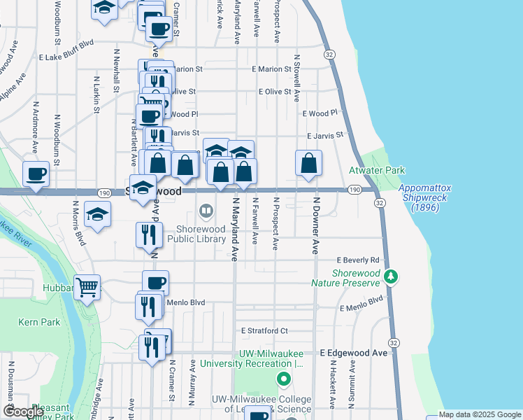 map of restaurants, bars, coffee shops, grocery stores, and more near 2325 East Capitol Drive in Shorewood