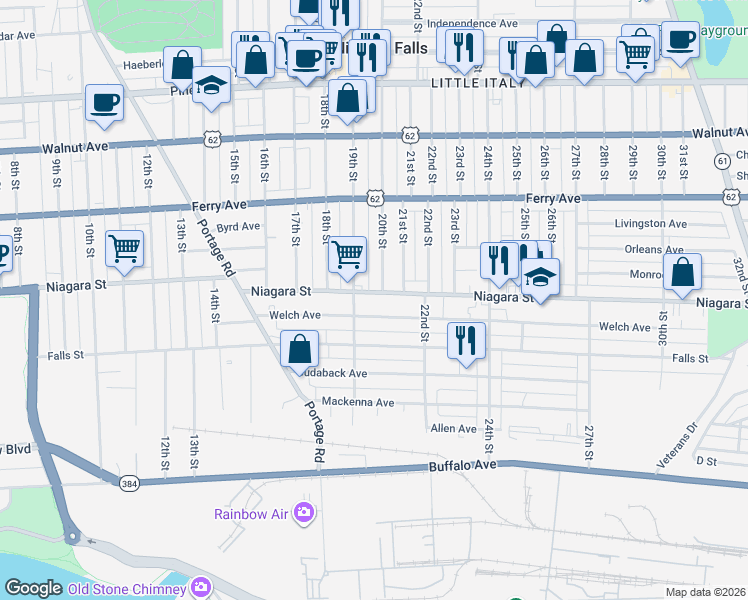 map of restaurants, bars, coffee shops, grocery stores, and more near 412 20th Street in Niagara Falls