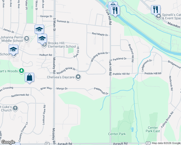 map of restaurants, bars, coffee shops, grocery stores, and more near 29 Winding Brook Drive in Fairport