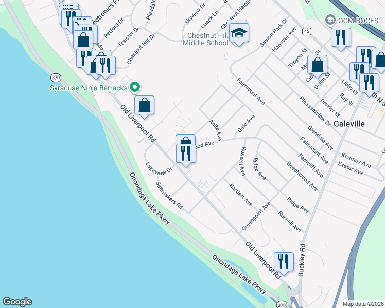 map of restaurants, bars, coffee shops, grocery stores, and more near 101 Hanover Avenue in Liverpool