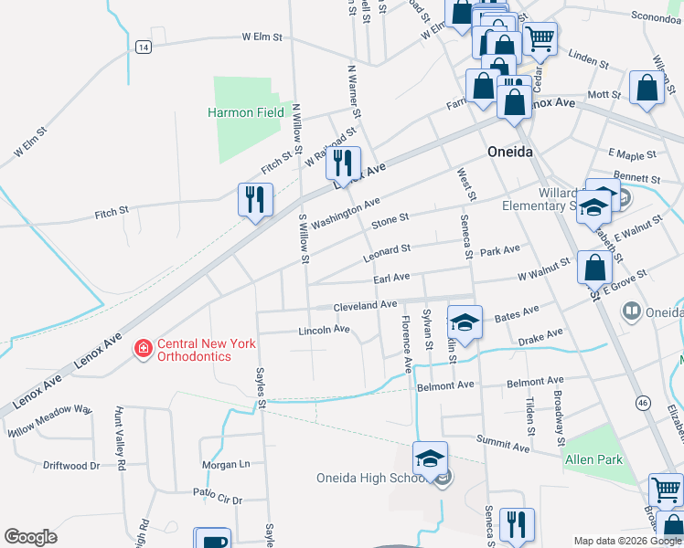 map of restaurants, bars, coffee shops, grocery stores, and more near 423 Leonard Street in Oneida