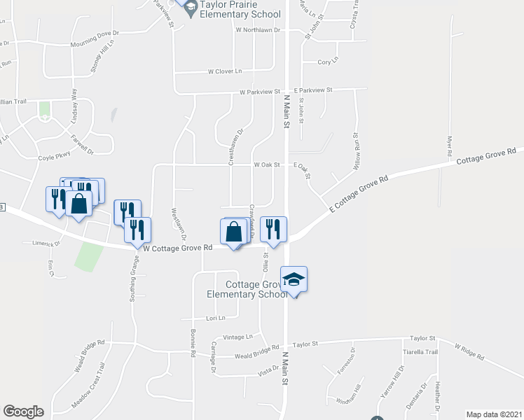 map of restaurants, bars, coffee shops, grocery stores, and more near 140 Woodview Drive in Cottage Grove