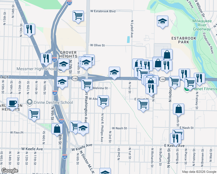 map of restaurants, bars, coffee shops, grocery stores, and more near 327 West Capitol Drive in Milwaukee