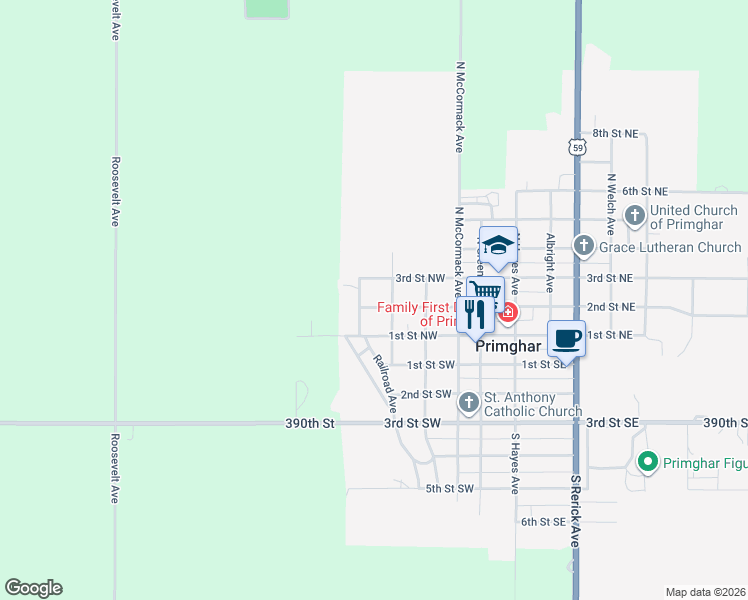 map of restaurants, bars, coffee shops, grocery stores, and more near 440 3rd Street Northwest in Primghar