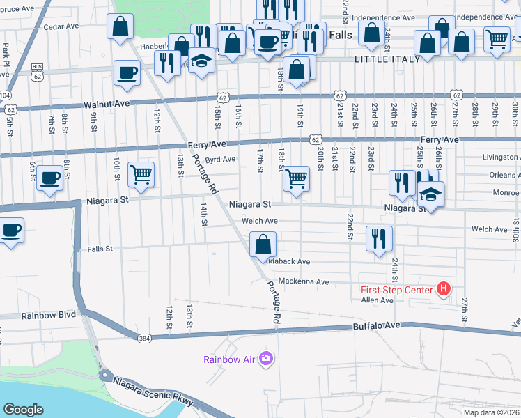 map of restaurants, bars, coffee shops, grocery stores, and more near 417 17th Street in Niagara Falls