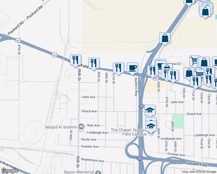 map of restaurants, bars, coffee shops, grocery stores, and more near 758 60th Street in Niagara Falls