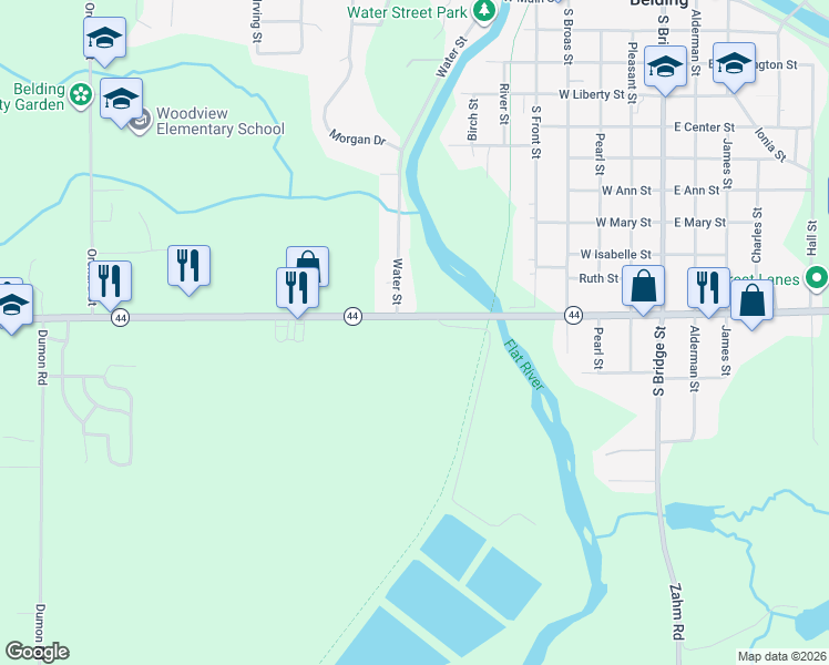 map of restaurants, bars, coffee shops, grocery stores, and more near 802 West State Street in Belding