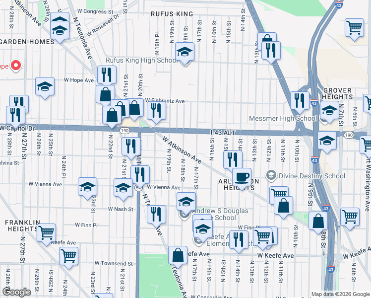 map of restaurants, bars, coffee shops, grocery stores, and more near 3952 North 18th Street in Milwaukee