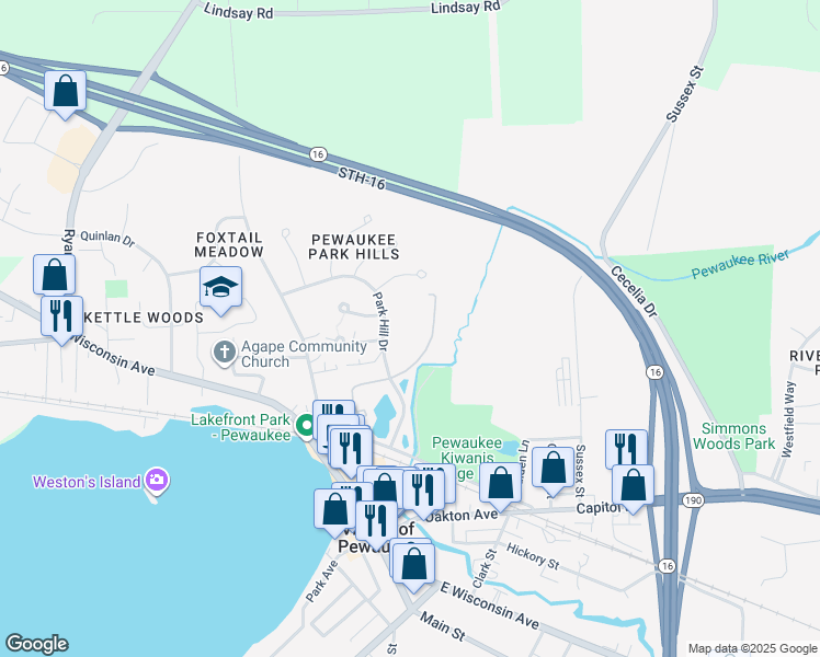 map of restaurants, bars, coffee shops, grocery stores, and more near 384 Park Hill Drive in Pewaukee