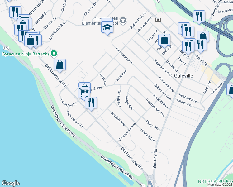 map of restaurants, bars, coffee shops, grocery stores, and more near 313 Russell Avenue in Liverpool
