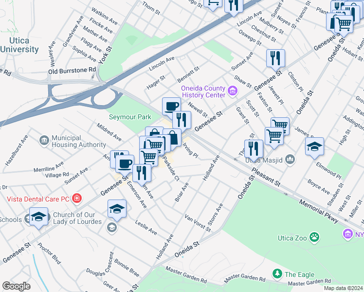 map of restaurants, bars, coffee shops, grocery stores, and more near 1701 Genesee Street in Utica