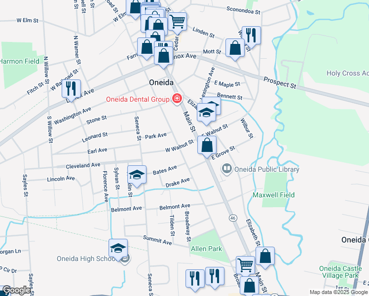map of restaurants, bars, coffee shops, grocery stores, and more near 345 Broad Street in Oneida
