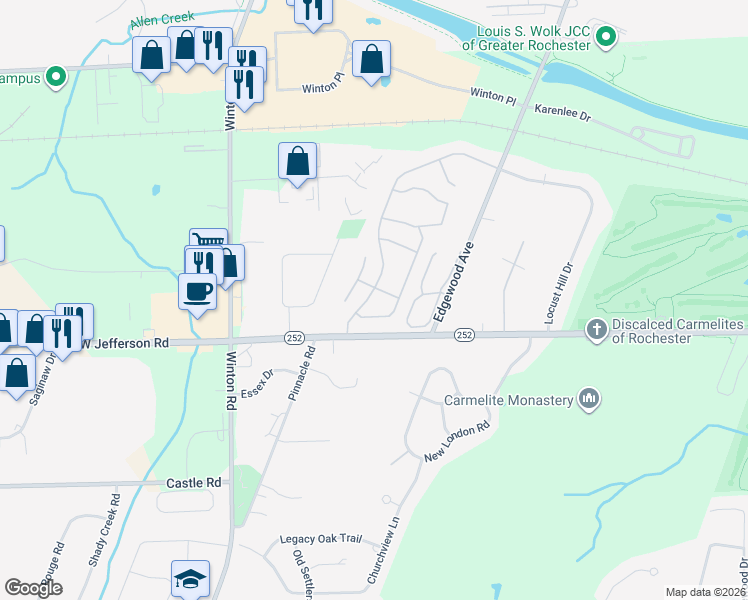 map of restaurants, bars, coffee shops, grocery stores, and more near 188 Surrey Hill Way in Rochester