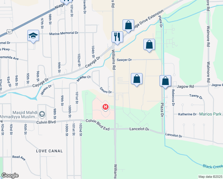 map of restaurants, bars, coffee shops, grocery stores, and more near 6913 Brookhaven Drive in Niagara Falls
