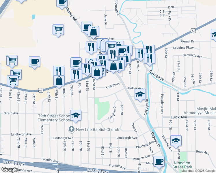 map of restaurants, bars, coffee shops, grocery stores, and more near 8297 Niagara Falls Boulevard in Niagara Falls