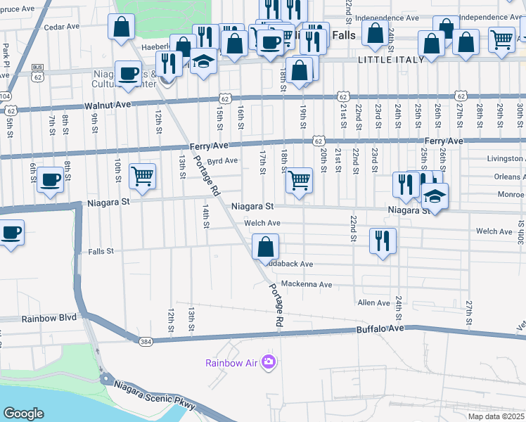 map of restaurants, bars, coffee shops, grocery stores, and more near 417 17th Street in Niagara Falls