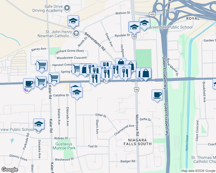 map of restaurants, bars, coffee shops, grocery stores, and more near in Niagara Falls