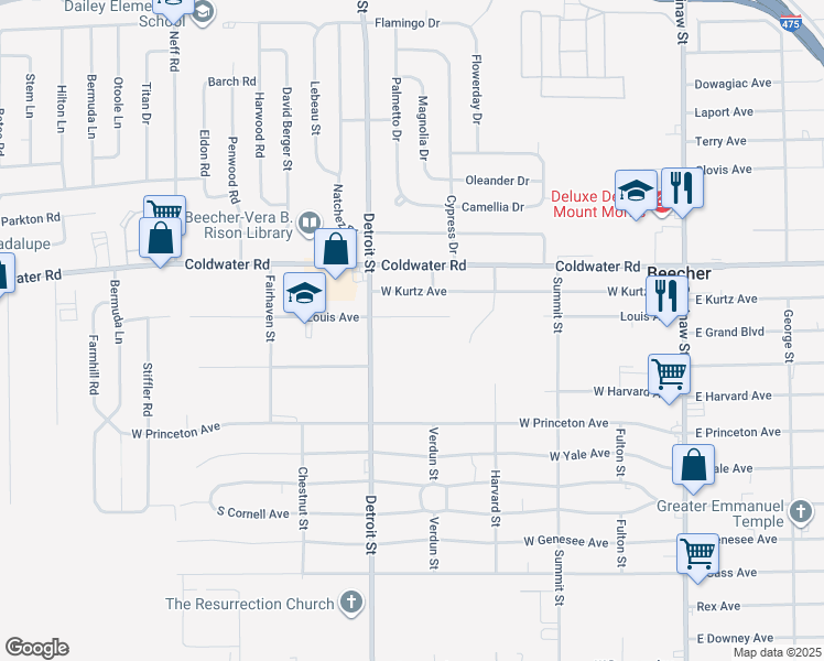 map of restaurants, bars, coffee shops, grocery stores, and more near 1272 Louis Avenue in Flint