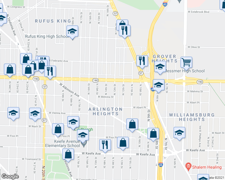 map of restaurants, bars, coffee shops, grocery stores, and more near 1233 West Capitol Drive in Milwaukee
