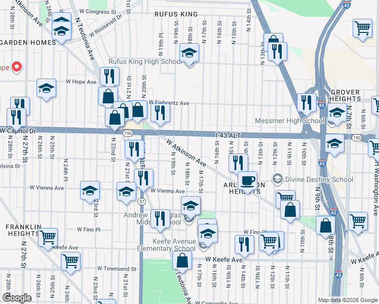 map of restaurants, bars, coffee shops, grocery stores, and more near 3952 North 18th Street in Milwaukee