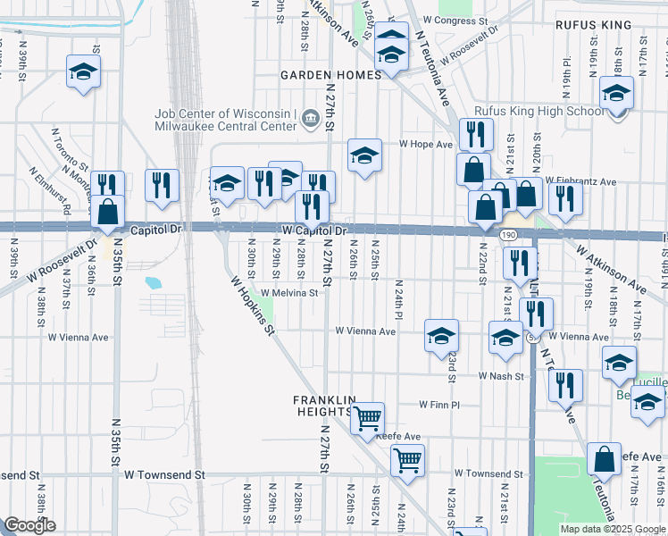 map of restaurants, bars, coffee shops, grocery stores, and more near 3968 North 27th Street in Milwaukee