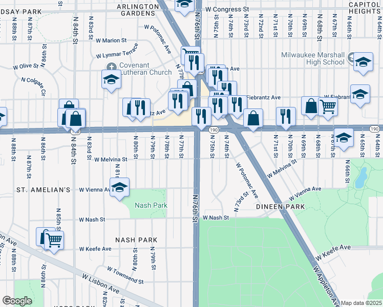 map of restaurants, bars, coffee shops, grocery stores, and more near 3944 North 77th Street in Milwaukee