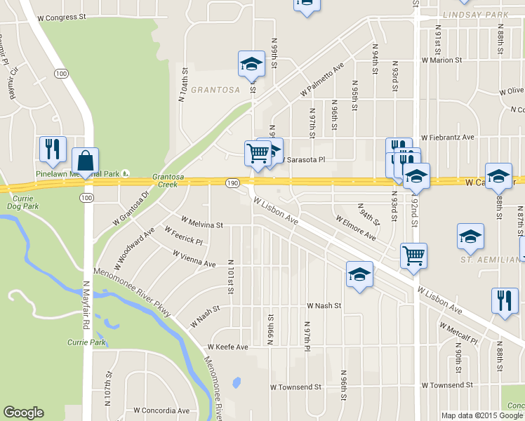 map of restaurants, bars, coffee shops, grocery stores, and more near 9842 West Lisbon Avenue in Milwaukee